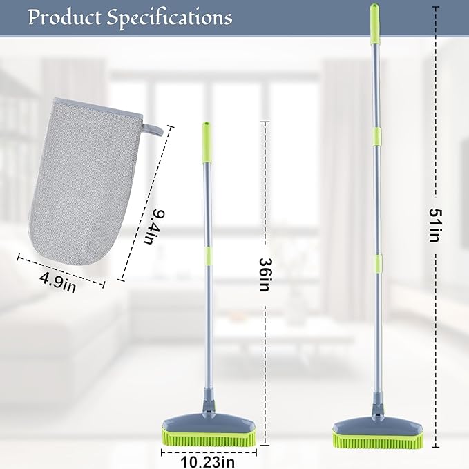 180°Rotating Rubber Broom with Squeegee for Pet Hair Removal - 50" Iron Handle Fur Remover Rake Brush for Carpet, Hardwood & Tile Floors, Includes Pet Hair Removal Gloves (Green)
