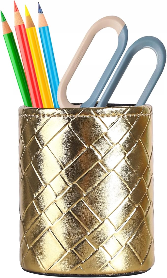 Pencil Cup, PU Leather Pen Desktop Organizer for Cosmetics Office Supplies, Makeup Brushes Organizer Gold Grid PH111