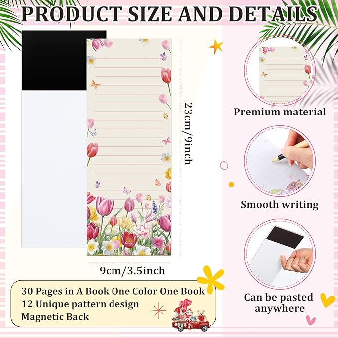 Eaasty 12 Pcs Seasonal Magnetic Notepads for Refrigerator Monthly Magnetic Grocery List 9 x 3.5 Magnet Memo Pads 30 Sheet Per Pad Shopping to Do List for January to December(Picture Style)