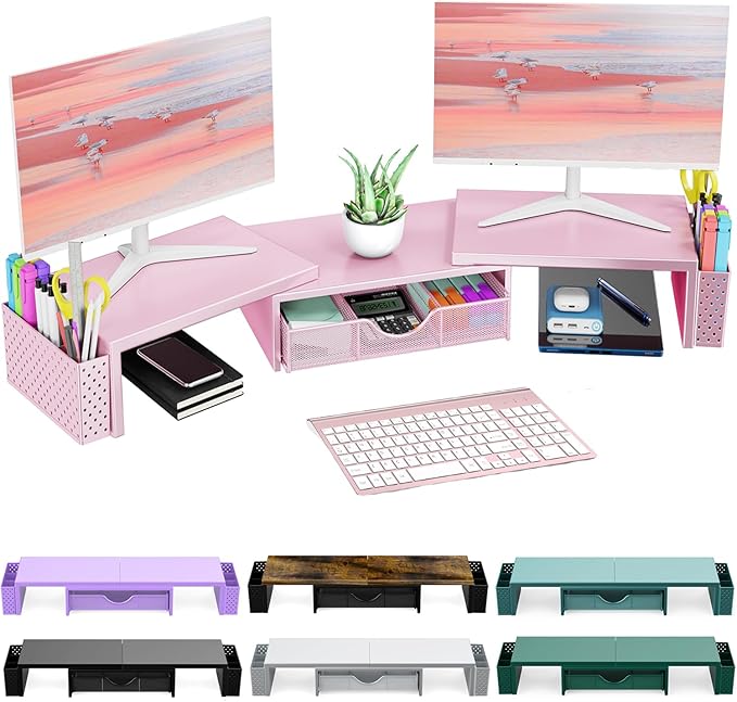 Spacrea Metal Desk Organizers and Accessories, Dual Monitor Stand Riser with Drawer and 2 Pen Holders, Desk Accessories & Workspace Desktop Organizers for Office Supplies (Pink)
