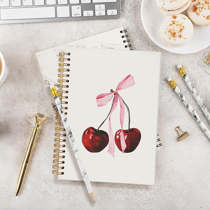 Coquette Pink Bow Cherry Notebook, Preppy Trendy Aesthetic Journal for Girls, Cute College Ruled Spiral Planner, Coquette School Supplies & Gifts for Women, 5.5x8.3 Inch