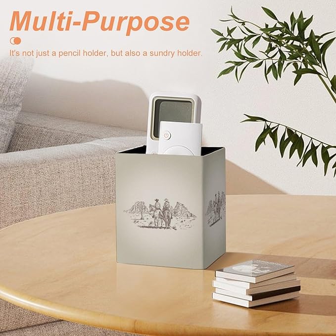 Square Pen Holder & Pencil Organizer for Desk - Office Storage Organizer , Markers/Makeup Brushes/Scissors Holder, Compact Desk Decor Accessories for Home Classroom School(Western Desert Cowboy)