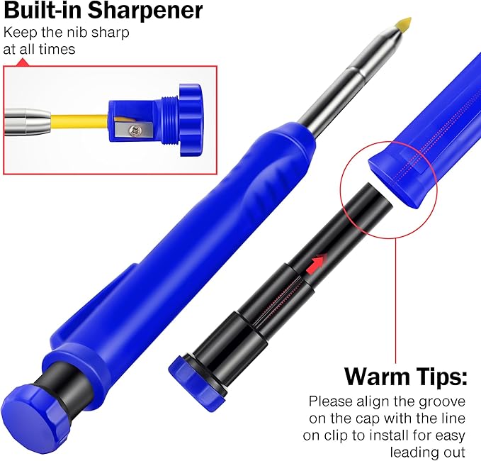 Hiboom 2 Pack Solid Carpenter Pencils with Pencil Cap and 18 Refills, Long Nose Deep Hole Mechanical Pencil Marker, Scribe Tool with Built-in Sharpener for Construction Woodworking Architect (Blue)