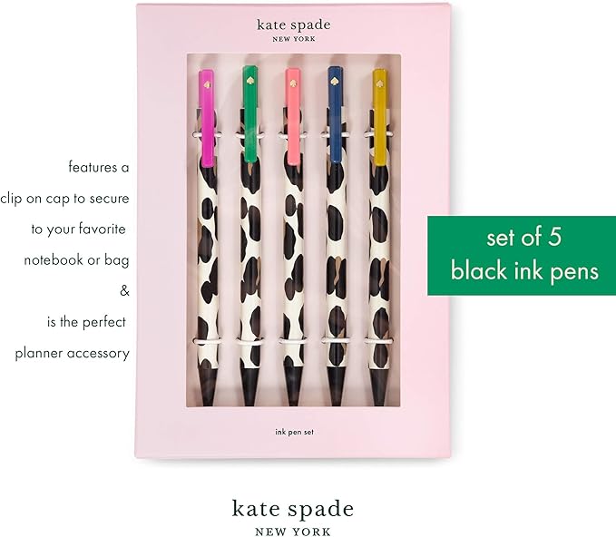kate spade new york Black Ink Pen Set of 5, Cute Leopard Click Pens, Plastic Retractable Pens for Writing and Journaling, Forest Feline