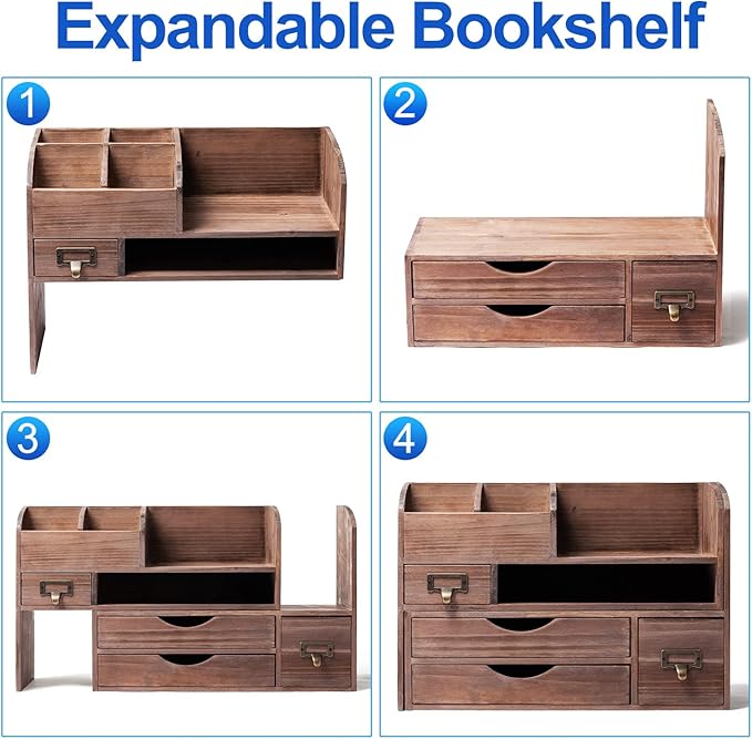Executive Office Solutions Adjustable Wooden Desk Organizer For Desktop, Tabletop, Office or Counter – Wood Storage Shelf Rack For Office Supplies, Desk Accessories, or Mail – Brown