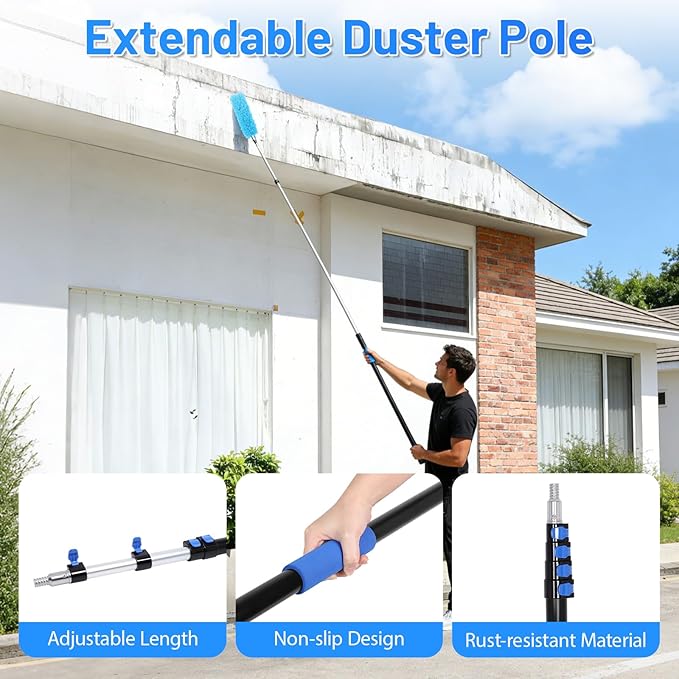 FAHKNS 25 Foot High Ceiling Fan Duster, Heavy Duty High Reach Duster Kit for Cleaning, Spider Web Brush, Washable Dust Brush for High Roof and Glass Surfaces (with 5-18ft Extension Pole)