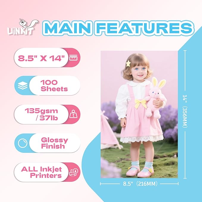 Uinkit 37lb legal size Thin Flyer Paper Glossy 8.5x14 Inkjet 100 Sheets Single Side DIY Chip Bag 135gsm Photos Picture for Inkjet Printer with Dye Ink legal size Brochure (8.5X14X100)