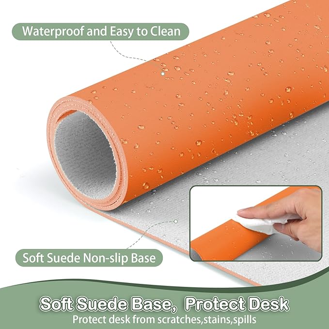 Boutilon Leather Desk Pad Protector,Non-Slip Mouse Pad,Laptop Desk Pad,Office Mouse Mat,Waterproof Leather Desk Blotter,Desk Writing Pad for Office and Home (S-Orange,24"x 14")