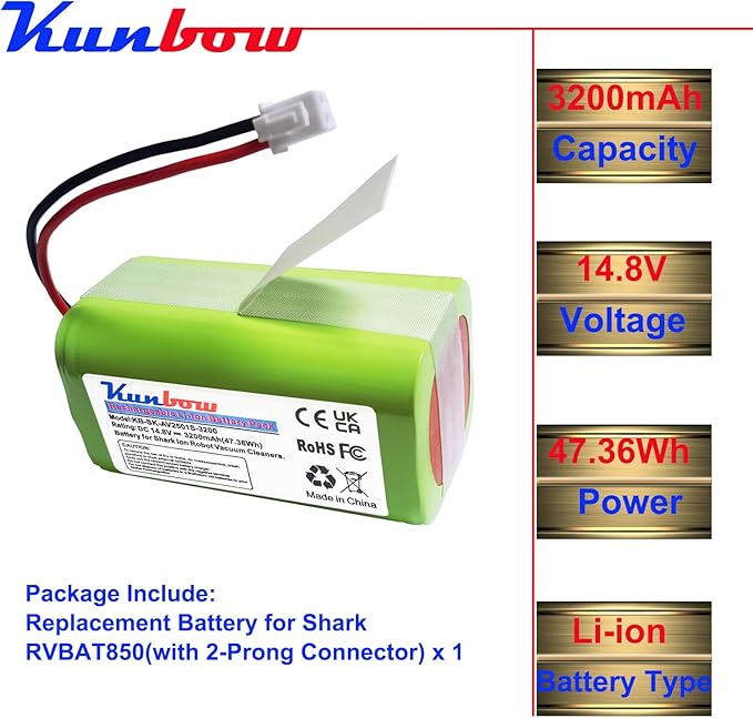 3200mAh Replacement Shark RVBAT850 Battery for Shark Ion R75, R85, RV850, S87, AV752, AV751, RV761, RV851WV, RV871, RV1000S, RV1100VL, RV101AE, Shark AI Robot PRO RV2001WD, AV2501S vacuum cleaners.