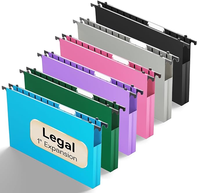 Plastic Legal Size Hanging File Folders,Heavy Duty 1 Inch Expansion with Adjustable Tabs,12 Pack Reinforced Legal Expandable Hanging Folders,Filing Cabinet Folder for Bulky Files-Colorfu