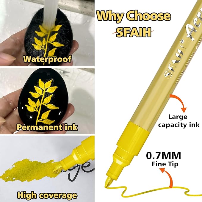 SFAIH Acrylic Gold Paint Pens - 8 Pack 2-3MM Medium Tip & 0.7MM Extra Fine Gold Markers Permanent for Rock, Wood, Metal, Fabric, Plastic, Glass, Ceramic, Diy Crafts, Large Ink Capacity, High Coverage