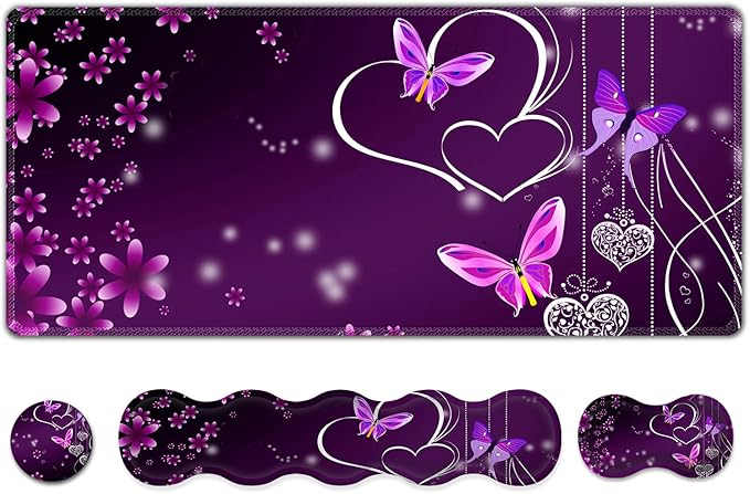 Upgraded Extended Gaming Mouse Pad, Keyboard Wrist Rest Pad, Wrist Support Mousepad Set, Artso Large Rubber Base Stitched Edges, Multifunctional Desk Pad (35 x15.5 in), Purple Heart Butterfly