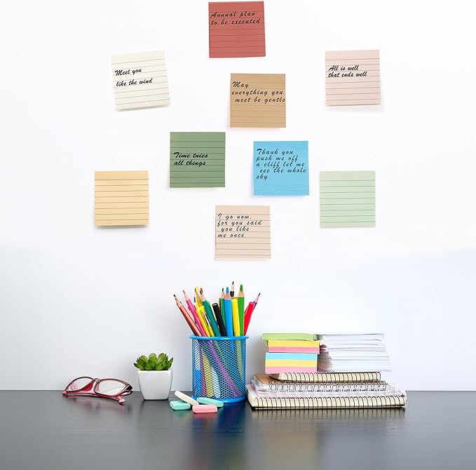 24 Pack Lined Sticky Notes 3x3 in Ruled Stickies Super Sticking Power Memo Pads, Vintage Colors Sticky Notes with Lines Self-Stick Note Pads