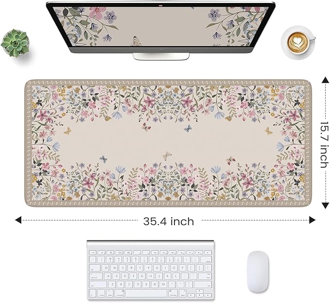HAOCOO Beige Desk Matt for Desktop, Desk Mat for Keyboard and Mouse, Floral Keyboard Mat with Edge Stitching, Non-Slip Large Mouse Pad for Desk for Gaming,Women Office