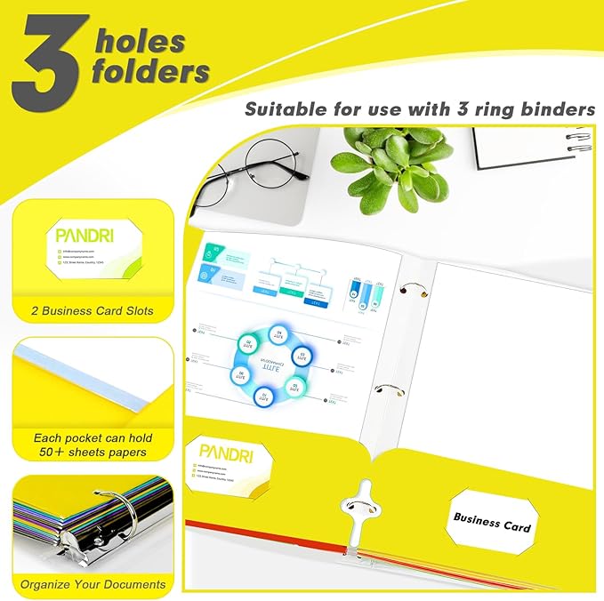 Two Pocket Portfolio Folders, PANDRI 60 Pack 3 Hole Punched 2 Pocket Folders for 3 Ring Binder, Letter Size Paper File Folder for School Office Home Business, Yellow