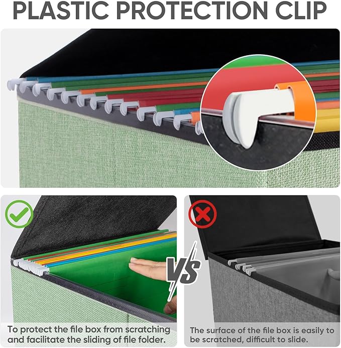 BALEINE File Organizer Box with Lid, Collapsible File Folder Organizer with Plastic Slide, Hanging File Folder Box for Office Document Storage (2 Pack, Green)