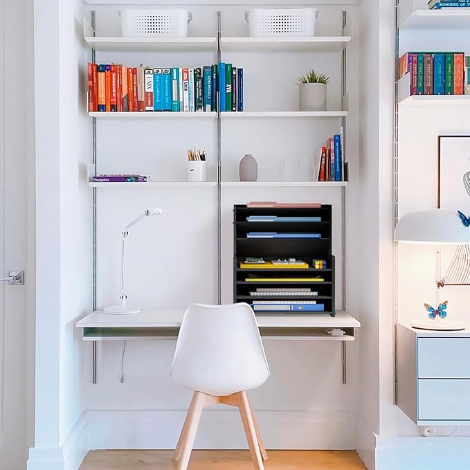 Wood Office Desk File Organizer - 7 Tier Desk Top Storage Shelf Stationary Workspace Organization Small Wooden Desktop Paper Tray,Black