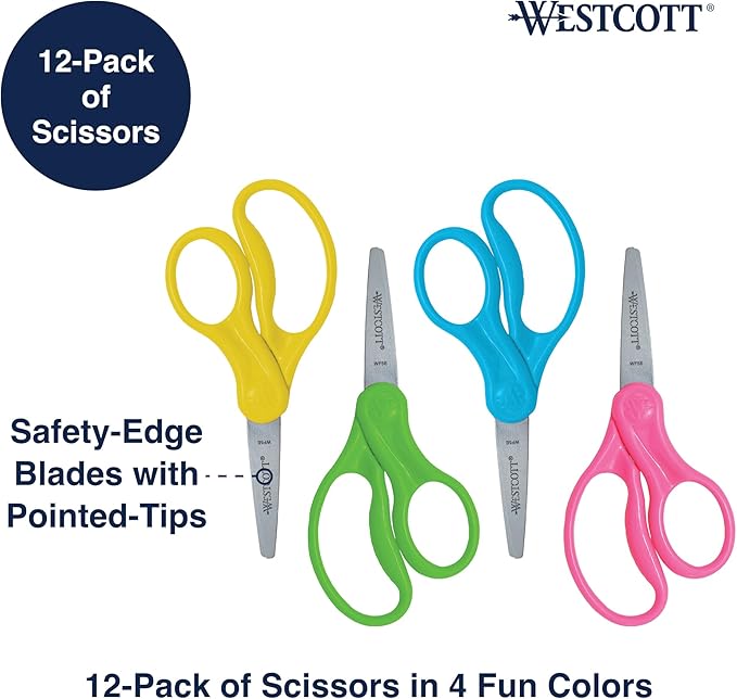 Westcott Right- & Left-Handed Pointed Scissors for Kids Ages 6+, Durable Stainless Steel Blades, Back to School Supplies, Classroom Scissors, Includes Storage Rack, 5-Inch, 12 Pack, Assorted Colors