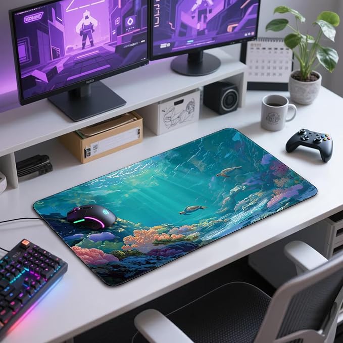 Sea Turtles Large Gaming Mouse Pad 31.5"x15.7"｜ Ocean Scene XXL Desk Mat, Non-Slip Rubber Base & Stitched Edges - Extended Waterproof Mousepad for PC/Laptop/Office/Home Decor
