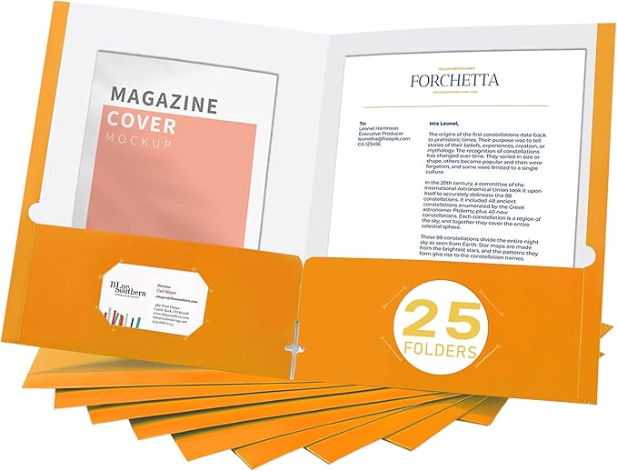 Zzrywuty File Folders with Pockets Letter Size, 25-Pack Paper Folders with Card Slot, Two Pocket Folders for School Students, Businessmen, Home and Office Workers (Orange)
