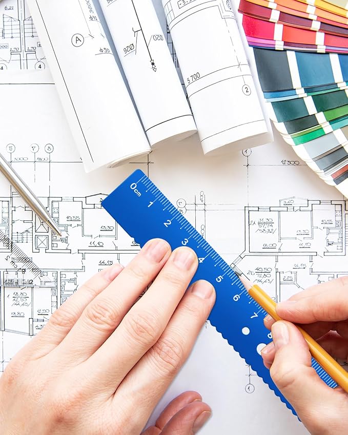 Honagu Triangular Ruler Set, 4 Pieces Aluminum Alloy Ruler, Metal Drafting Ruler, Geometric Protractor for Students, Draftsmen, Engineers, School Office Supplies (Sky Blue)