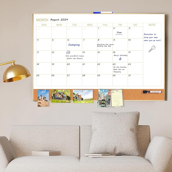 ARCOBIS Dry Erase Calendar Whiteboard Cork Board Combo, 36"x24" Magnetic White Board Calendar Dry Erase for Wall, Gold Frame Monthly Combination Board for Office, Home, School