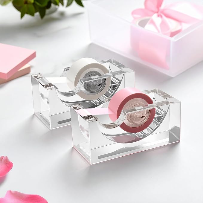 Amazing Abby - Tanya - Acrylic Tape Dispenser (2-Pack), Plastic Label Roll Holder, Clear Sticker Organizer, Perfect Office Desktop Storage Solution for Tapes, Labels, Stickers, and More