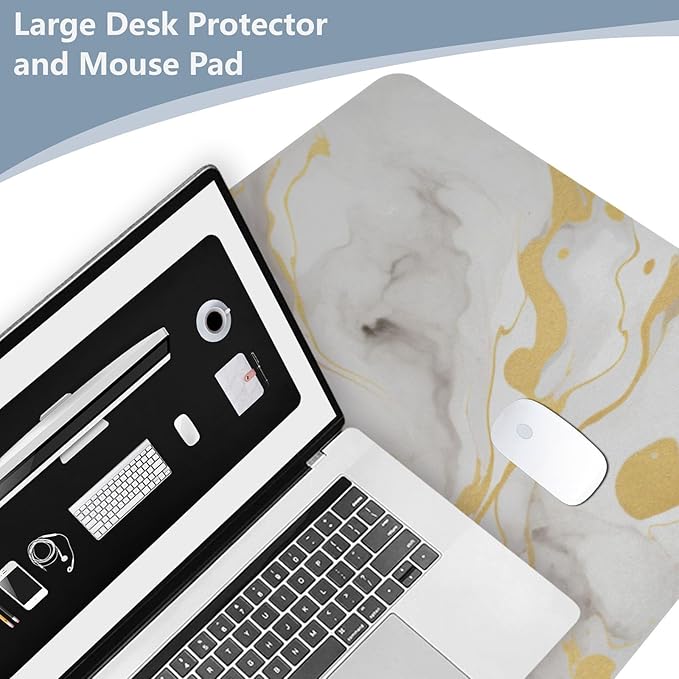 Mouse Pad Desk Mat Leather Desk Pad Large Gaming Desk Cover Protector Mat for Keyboard Computer Laptop Office Waterproof 47.2 x 23.6 Inch Marble White and Luxury Gold