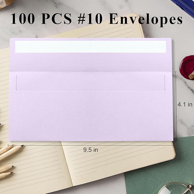 100 Pack Light Purple #10 Business Envelopes, Standard Envelopes Self Seal, 4 1/8 x 9 1/2 Inch Letter Size Business Mailing Envelopes for Checks Invoices Statements Baby Shower Wedding Birthday