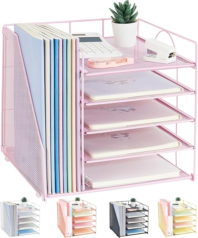 Desk Organizers and Accessories, 5-Tier Paper Letter Tray Organizer with File Holder, Pink Office Decor (Pink)