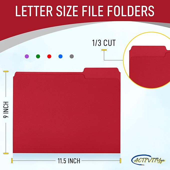 Red File Folders, 1/3-Cut Tabs, Letter Size, 12-Pack – Durable Office Filing Folders for Documents, Papers, and Organization