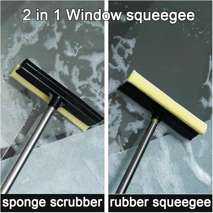 Window Squeegee Set Car Windshield Squeegee with Long Handle, 2 in 1 Sponge Squeegee, Window Cleaning Squeegee for Car Windshield Glass Gas Station Mirror Bathroom