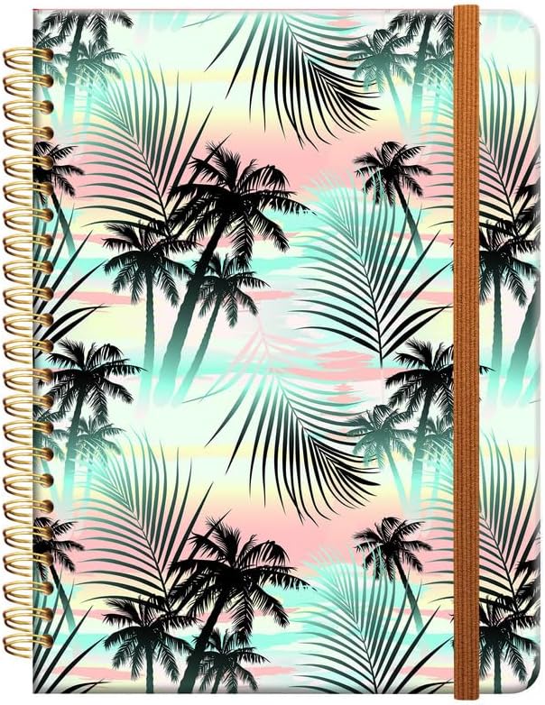 Ruled Spiral Writing Notebook,A5 Hardcover Lined College Journal for Women Lady Girl,Strong Twin-Wire Binding with Premium Paper,8.4" X 6",Perfect for School,Office,Home Gifts(Palm Tree Beach)