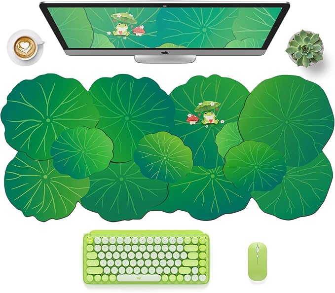 HAOCOO Cute Frog Desk Mat, Scalloped Desk Matt for Desktop, Large Mouse Pad for Desk, Non-Slip Keyboard Mat, Green Desk Mat with Stitched Edge, Kawaii Mouse Pad for Office (35.4" × 15.7")