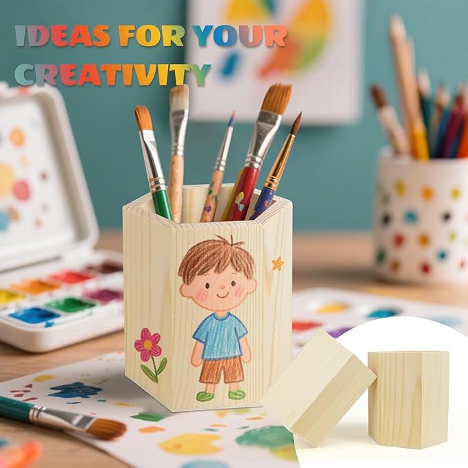 6 Pack Wood Pen Holder Unfinished Wooden Pencil Holder Pine Wood Pen Holder Stand for Desk Office Supplies Makeup Brushes Organizer (Hexagon)