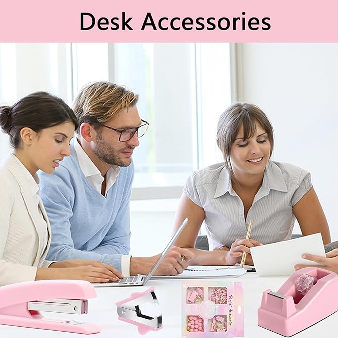 Office Supplies,Desk Accessories,Tape Holder,Stapler,Scissor,Staple Remover,Box of Binder Clips,Staples,Ballpoint Pen,Sticky Notes,Clear Tape,Ruler,Office Supplies Set Pink