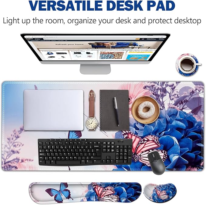 AIMSA Large Gaming Mouse Pad Set, Keyboard Wrist Rest Support Mouse Pad, Ergonomic Memory Foam Multifunctional Extended Desk Mat 35x15.7in Anti-Slip Rubber Base for Office Home, Butterfly Flower