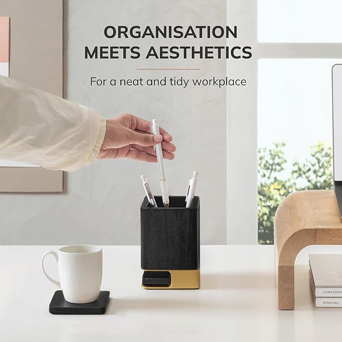 Anji Mountain Mango Wood Pen Holder with 2 Coasters, Stained Wood & Powder Coated Metal Pen Holder, Sustainable Room Decor Desk Organizer, Stylish Designer Pencil Case for Office Supplies