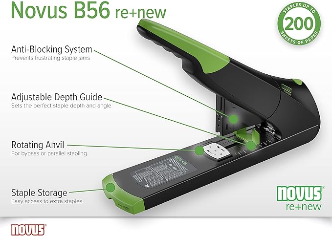Novus B56 re+New Heavy Duty Stapler, 200 Sheet Capacity, Made of 82% Recycled Plastic, German Engineered, Adjustable Guide, 25 Yr. Warranty, Black (023-0066)