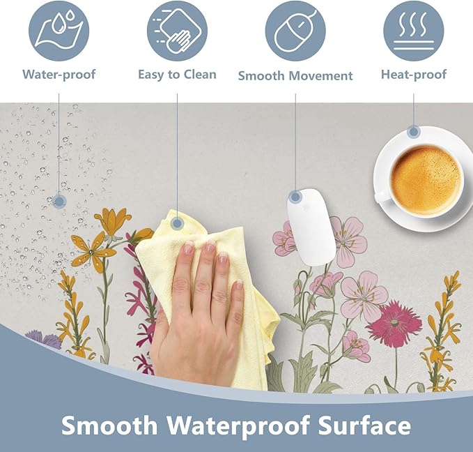 Mouse Pad Desk Mat Leather Desk Pad Large Gaming Desk Cover Protector Mat for Keyboard Computer Laptop Office Waterproof 35.4 x 16.5 Inch Simple Flowers Beige