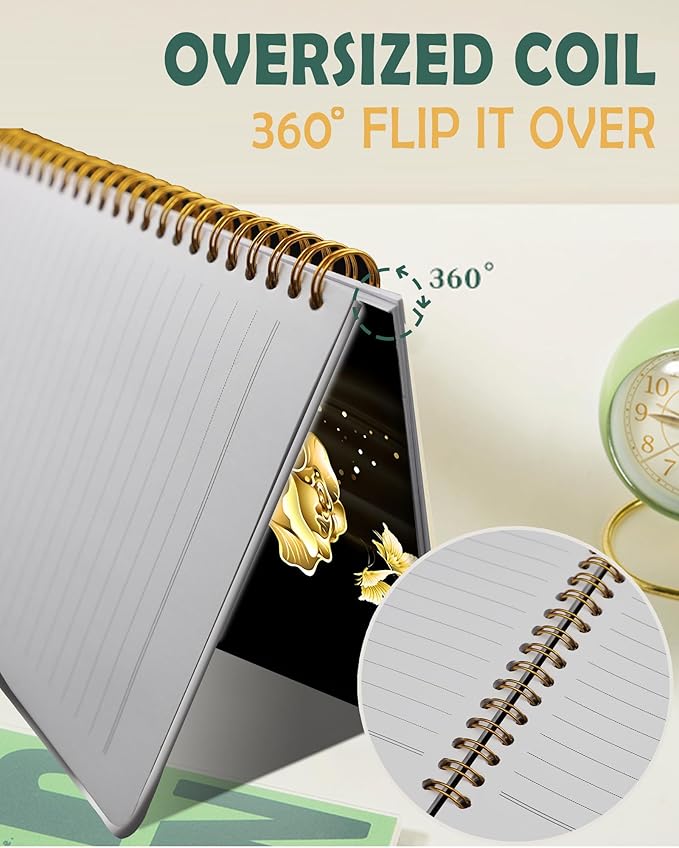 Ruled Spiral Writing Notebook,A5 Hardcover Lined College Journal for Women,Strong Twin-Wire Binding with Premium Paper,8.4" X 6",Perfect for School,Office,Home(Gold Butterfly Rose)