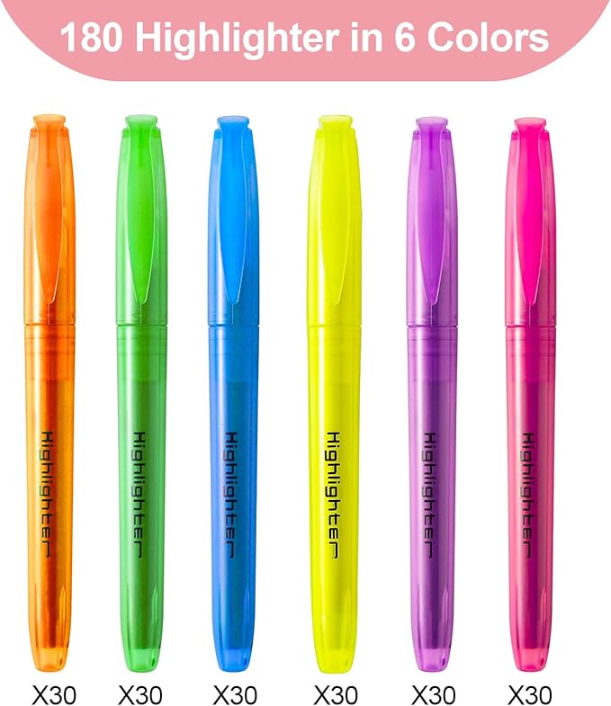 180 Pcs Highlighters Assorted Colors, Chisel Tip Multicolor Highlighter Marker Set, Quick-Drying Pen Highlighter for Classroom School Home Office (180Pcs, 6 Colors)