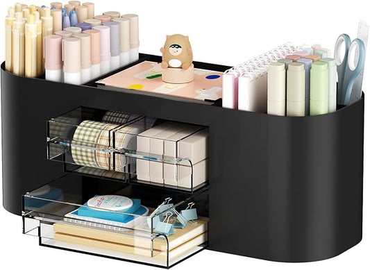 Marbrasse Desk Organizer Pen Holder with 3 Drawers, Multi-Functional Pencil Holder,Desk Organizers and Accessories with 7 Compartments for Home, School, Classroom (Black)