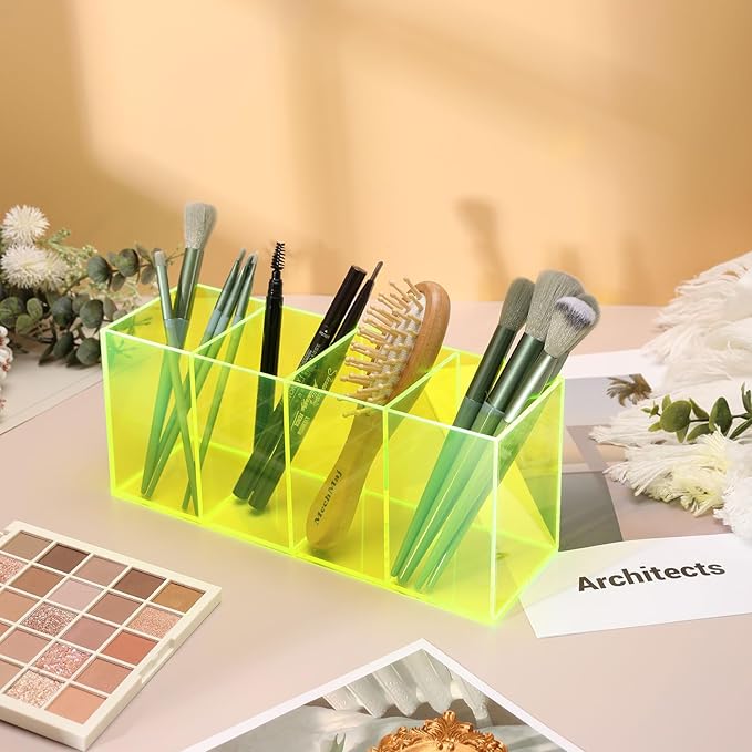Pen Holder for Desk Neon Acrylic Pencil Holder Cup Makeup Brush Storage Organizer for Vanity, Neon Green