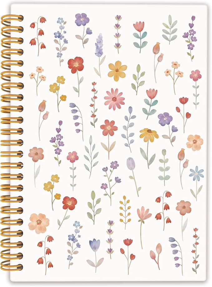 Boho Wildflower Floral Spiral Notebook Journal, Cottagecore Flower Botanical Notebooks for Note Taking, Pretty Journals for Women, Hardcover Notebook 5.5x8.3