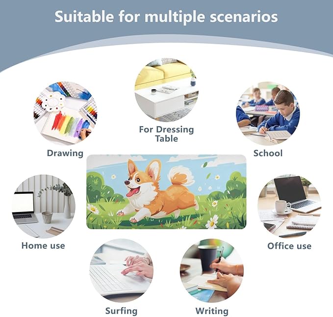 Mouse Pad Desk Mat Leather Desk Pad Large Gaming Desk Cover Protector Mat for Keyboard Computer Laptop Office Waterproof 47.2 x 23.6 Inch Cute Corgi Dog Floral