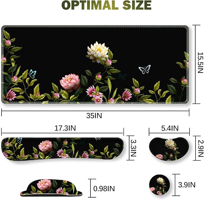 ARTSO Gaming Mouse Pad Wrist Support Set, XXL Large Desk Mat Mousepad + Keyboard Wrist Support+ Mouse Wrist Rest+Coaster 4in1 Ergonomic, Stitched Edge for Home Office -Flowers and Butterflies