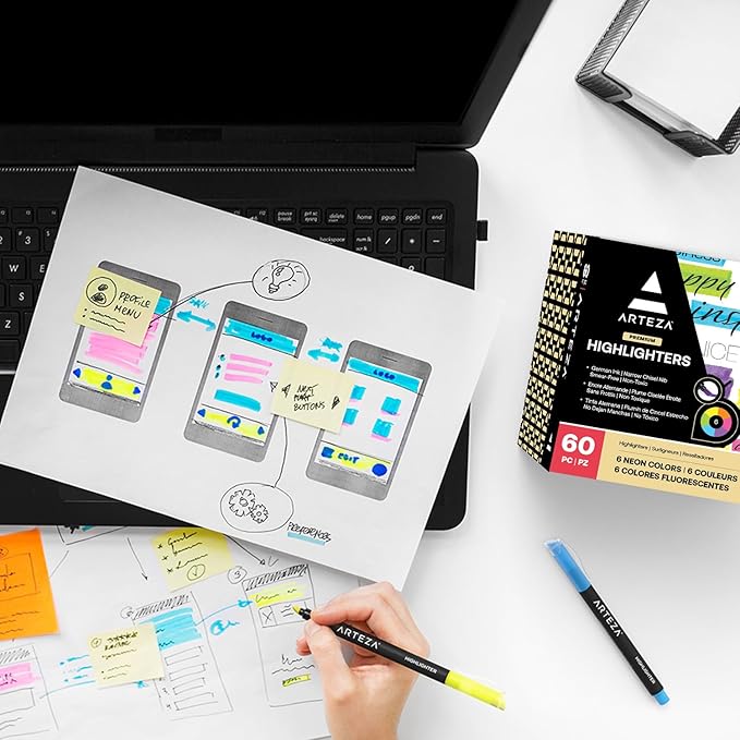 ARTEZA Highlighters Assorted Colors, Set of 60, Narrow Chisel Tip