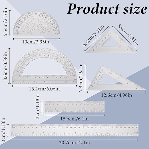6 PCS Clear School Rulers Set, 2 Straight Rulers 12|6", 2 Protractors 180 Degree, 2 Triangle Ruler 45 | 60 Degree, Geometry Math Ruler Measuring Tool for School Office Home