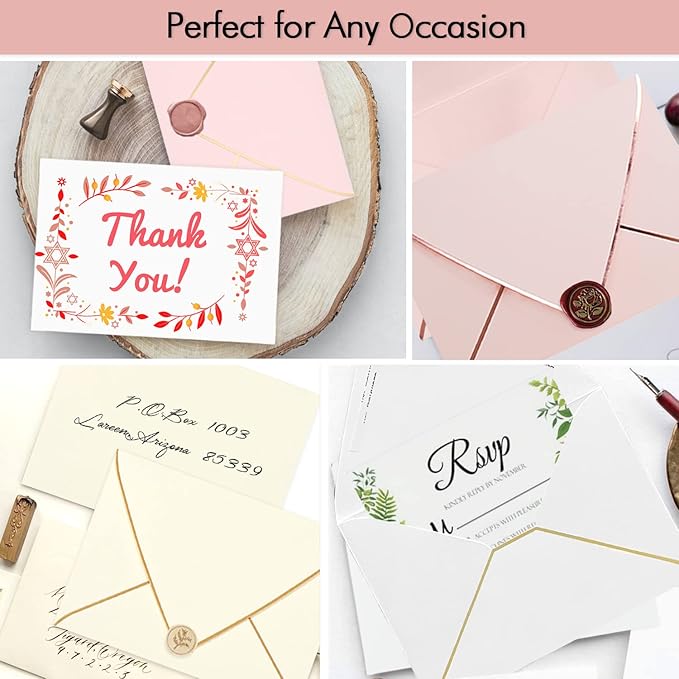 A7 Pink Envelopes 50 Pack With Rose Gold Border Christmas Envelopes Quick Self Seal, For 5x7 Cards| Perfect for Weddings, Invitations, Photos, Graduation, Baby Shower (Pink-rose golden border)